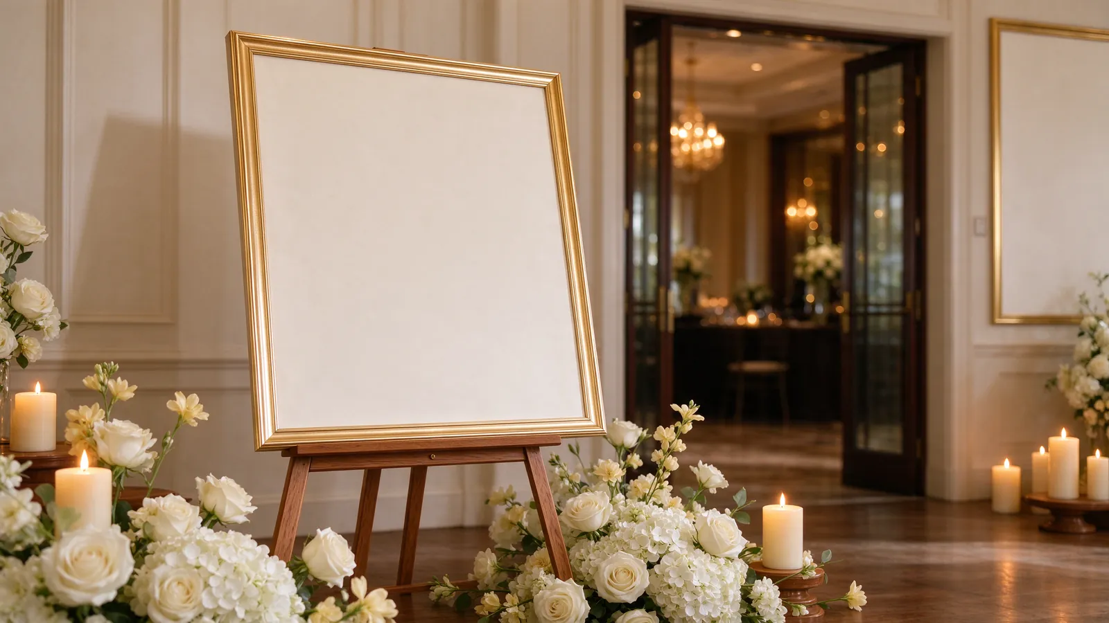 Grand panneau de plan de table vierge sur chevalet à l'entrée d'une salle de mariage