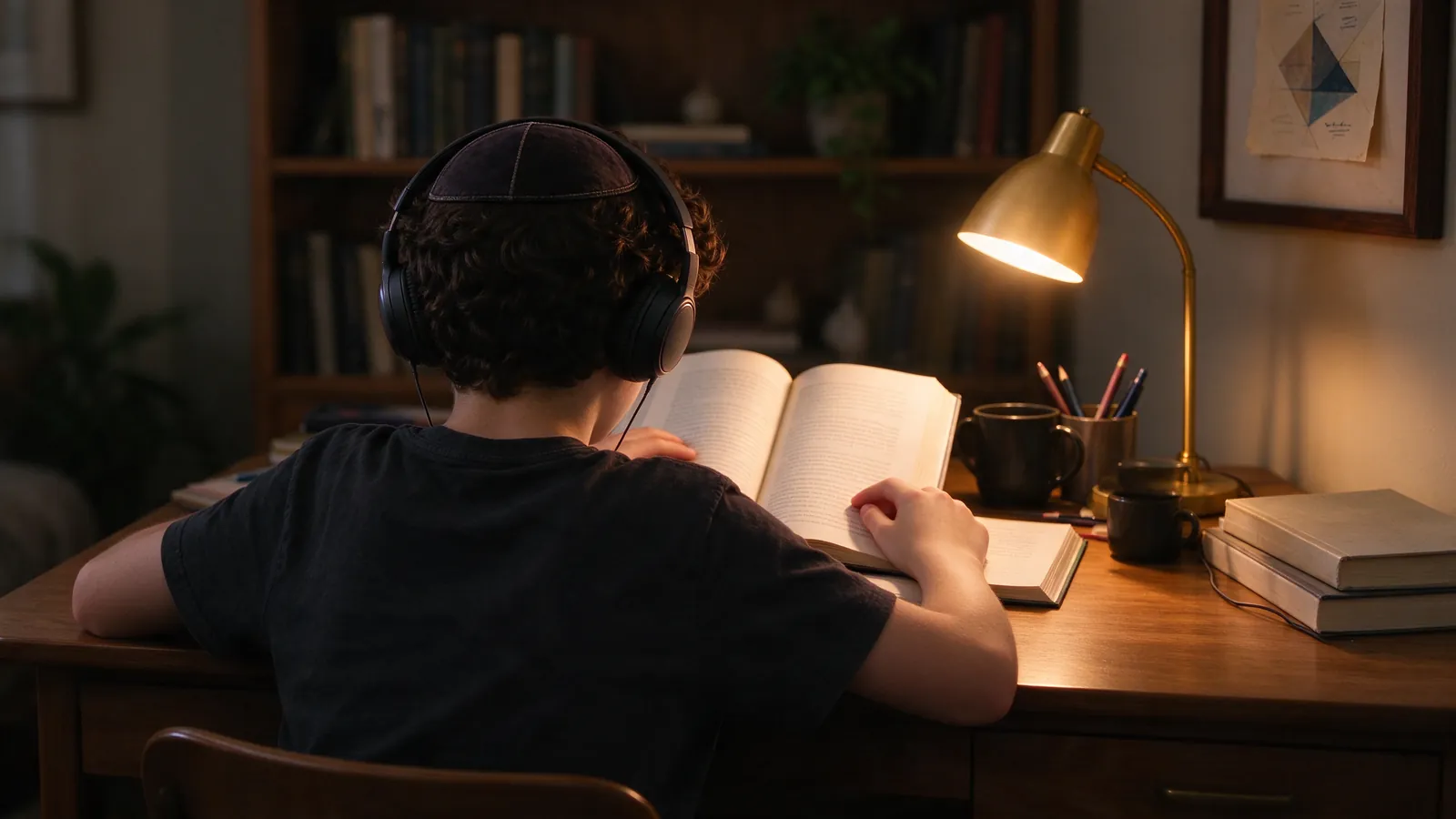 Garçon de dos étudiant à son bureau avec un casque et un livre ouvert