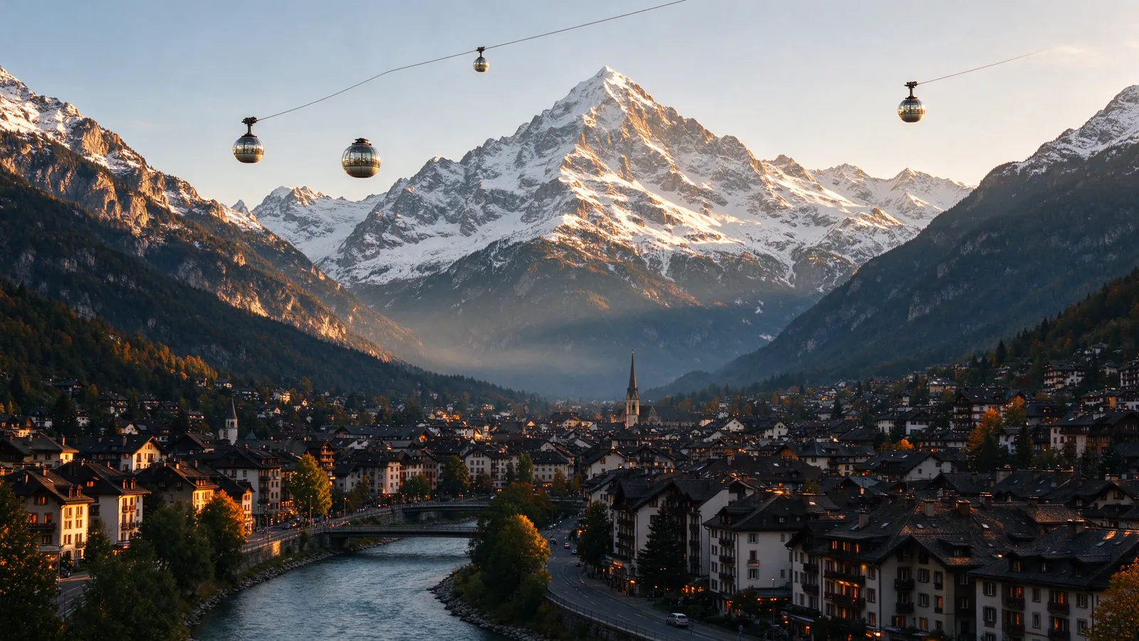 Montagnes enneigées et téléphériques au-dessus d'une ville des Alpes