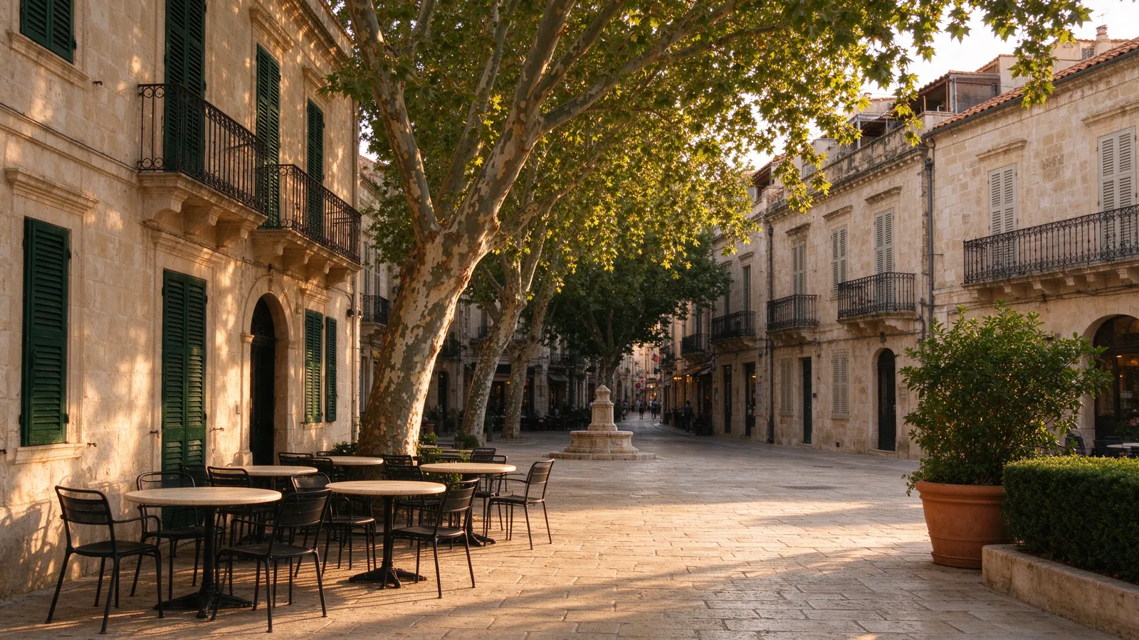 Place ensoleillée d'une vieille ville méditerranéenne avec platanes et terrasses
