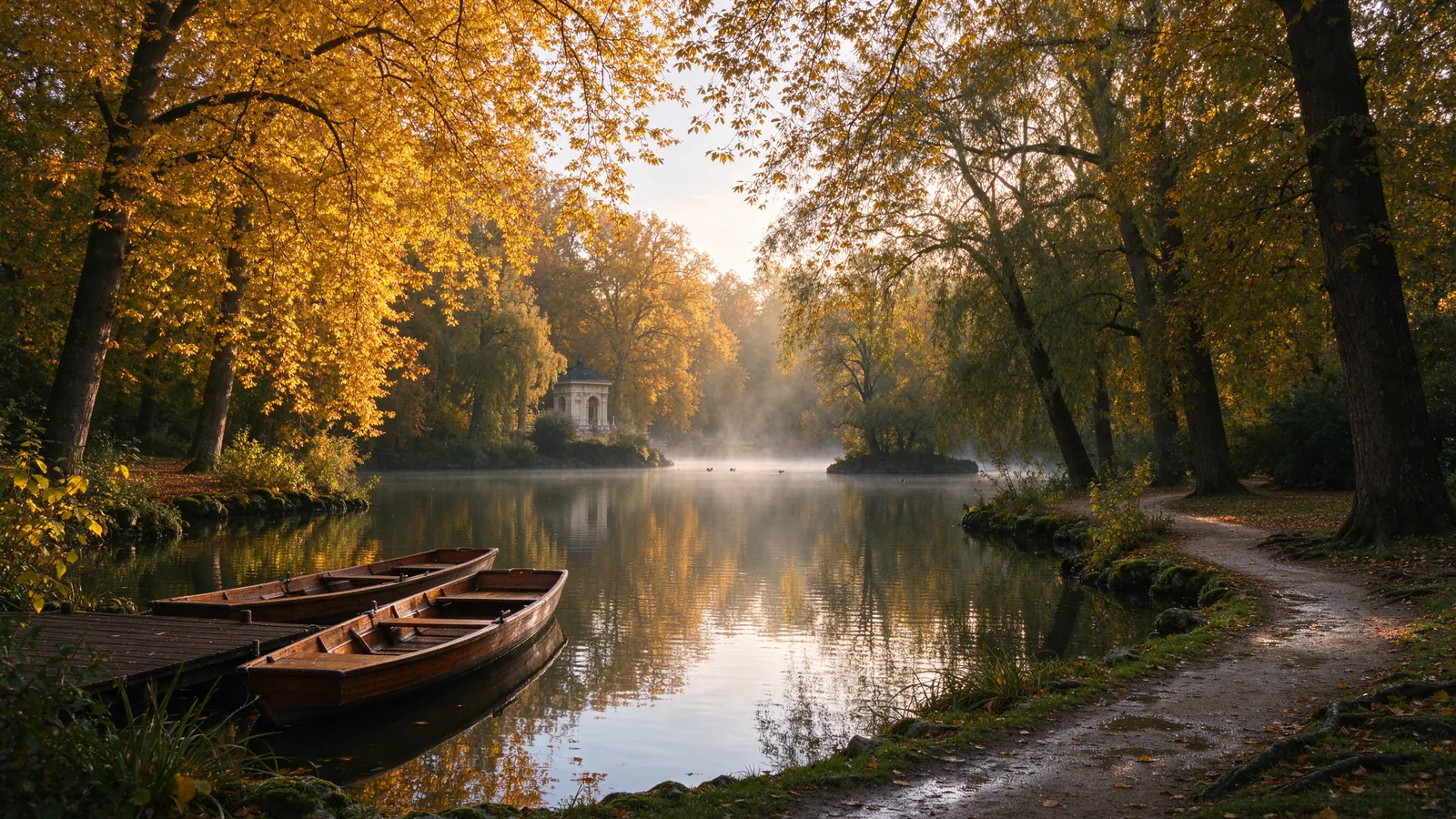 Lac d'un grand parc boisé en automne avec des barques