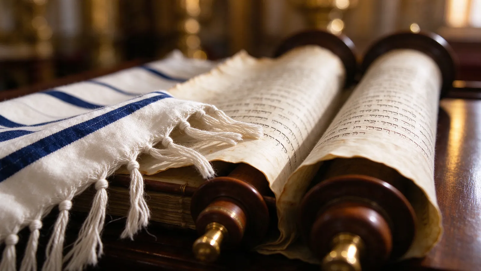 Franges d'un talith rayé bleu touchant un rouleau de la Torah ouvert