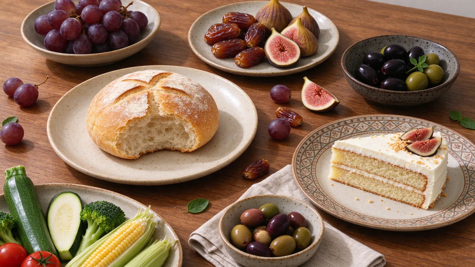 Table garnie de pain, raisins, dattes, figues, olives, légumes et gâteau