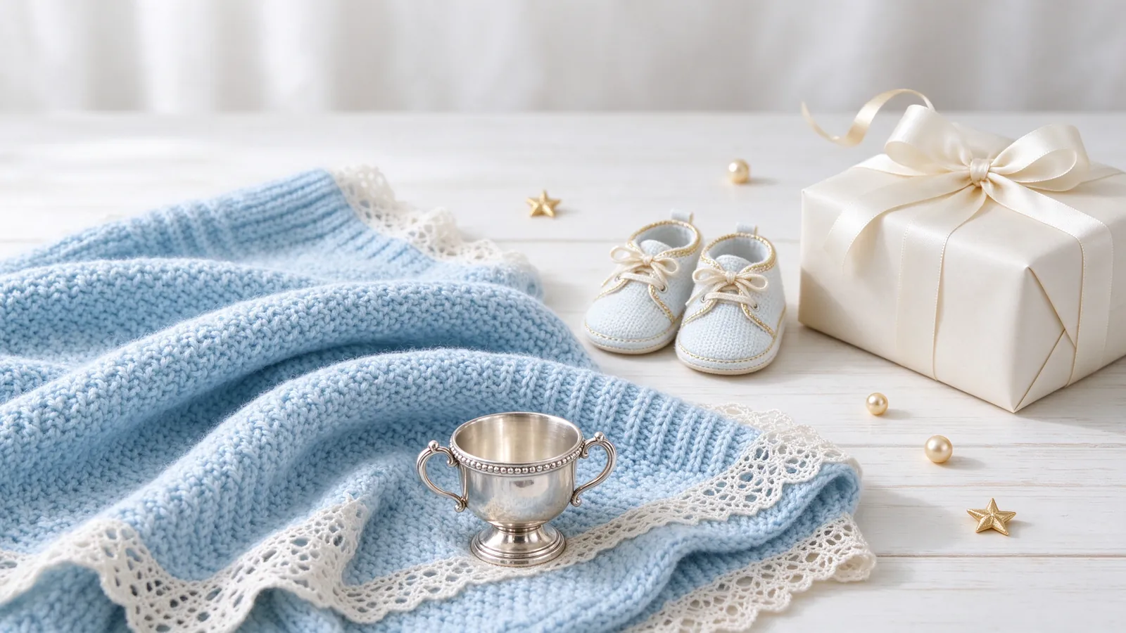 Cadeaux de naissance pour un petit garçon : couverture bleue, timbale en argent et chaussons