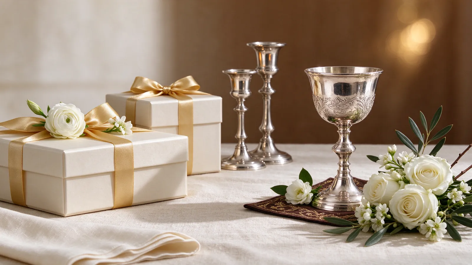 Coffrets cadeaux ivoire, chandeliers et coupe de kiddouch en argent pour un mariage juif