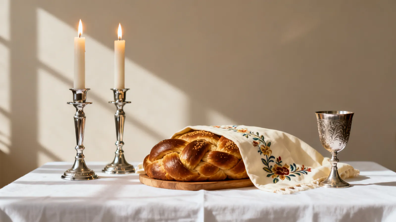 Table de Chabbat avec bougies allumées, hallot tressées et coupe de kiddouch