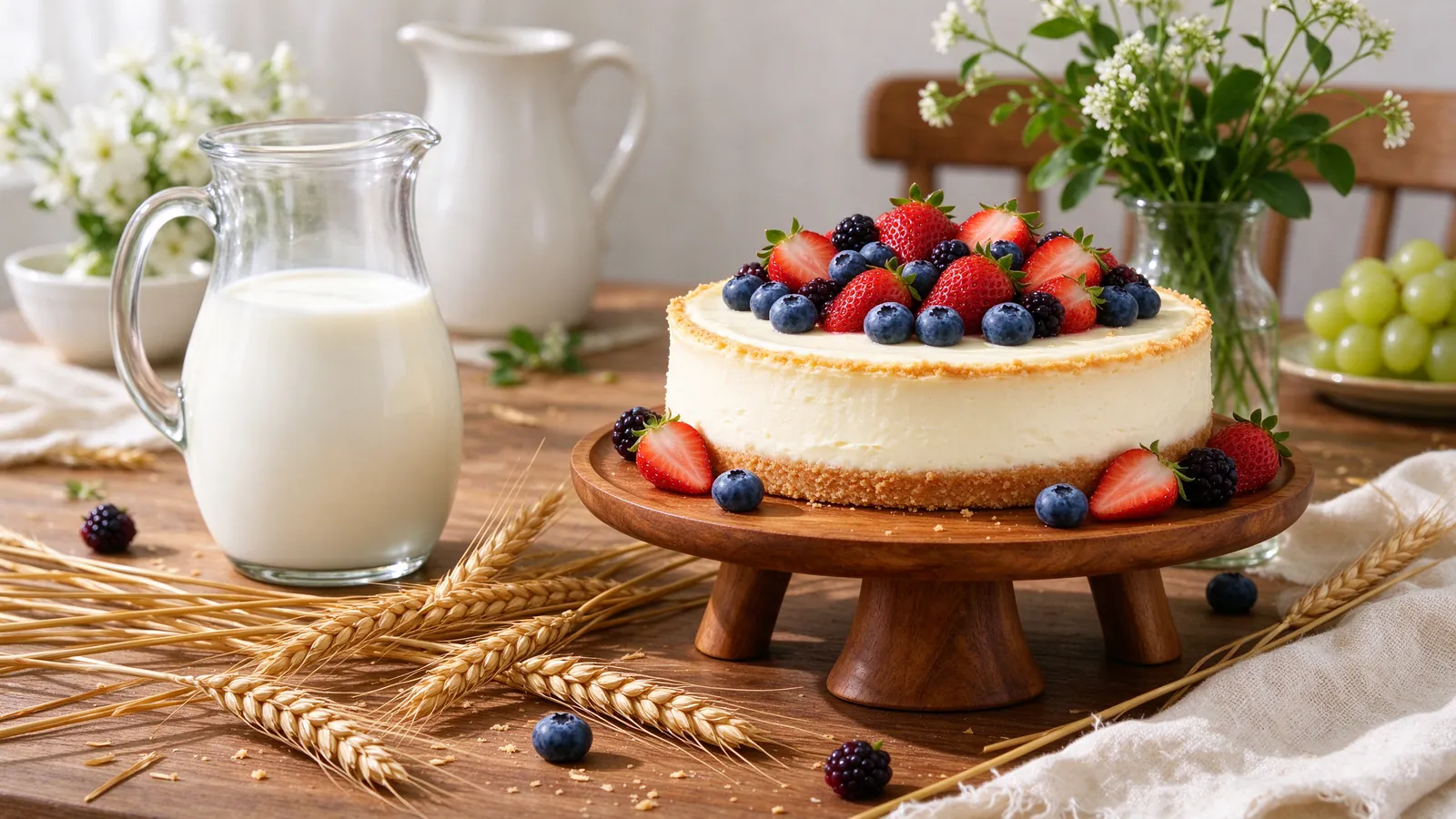 Table de Chavouot avec cheesecake aux fruits rouges, lait et épis de blé