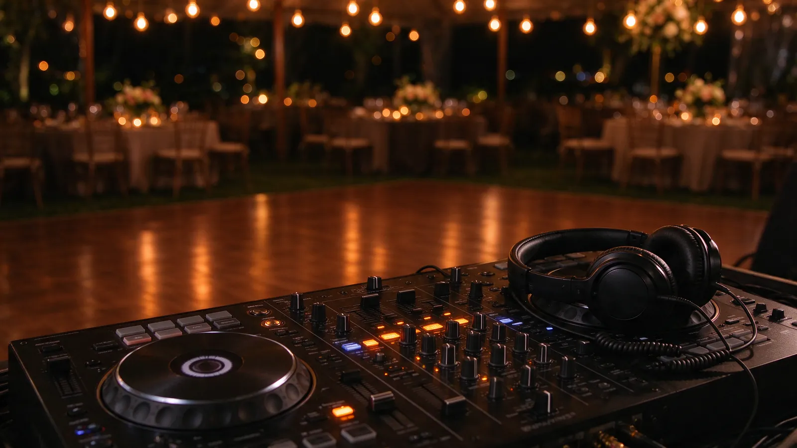 Platines et casque de DJ devant une salle de réception illuminée