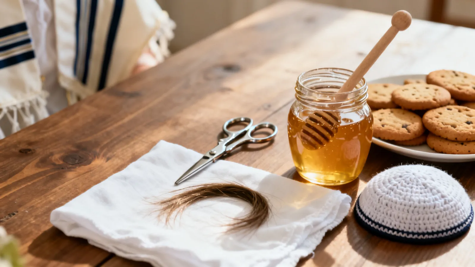 Ciseaux, mèche de cheveux, pot de miel et kippa pour la Halaké, première coupe de cheveux