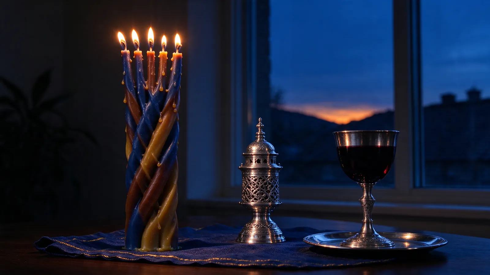 Bougie tressée de la Havdala, boîte à épices en argent et coupe de vin au crépuscule