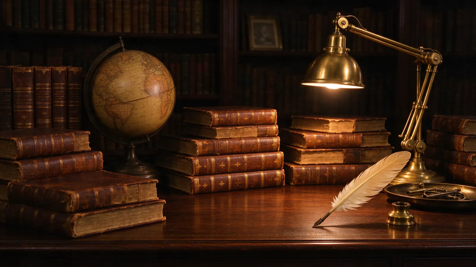 Livres anciens reliés, globe, plume et lampe de bureau dans une bibliothèque