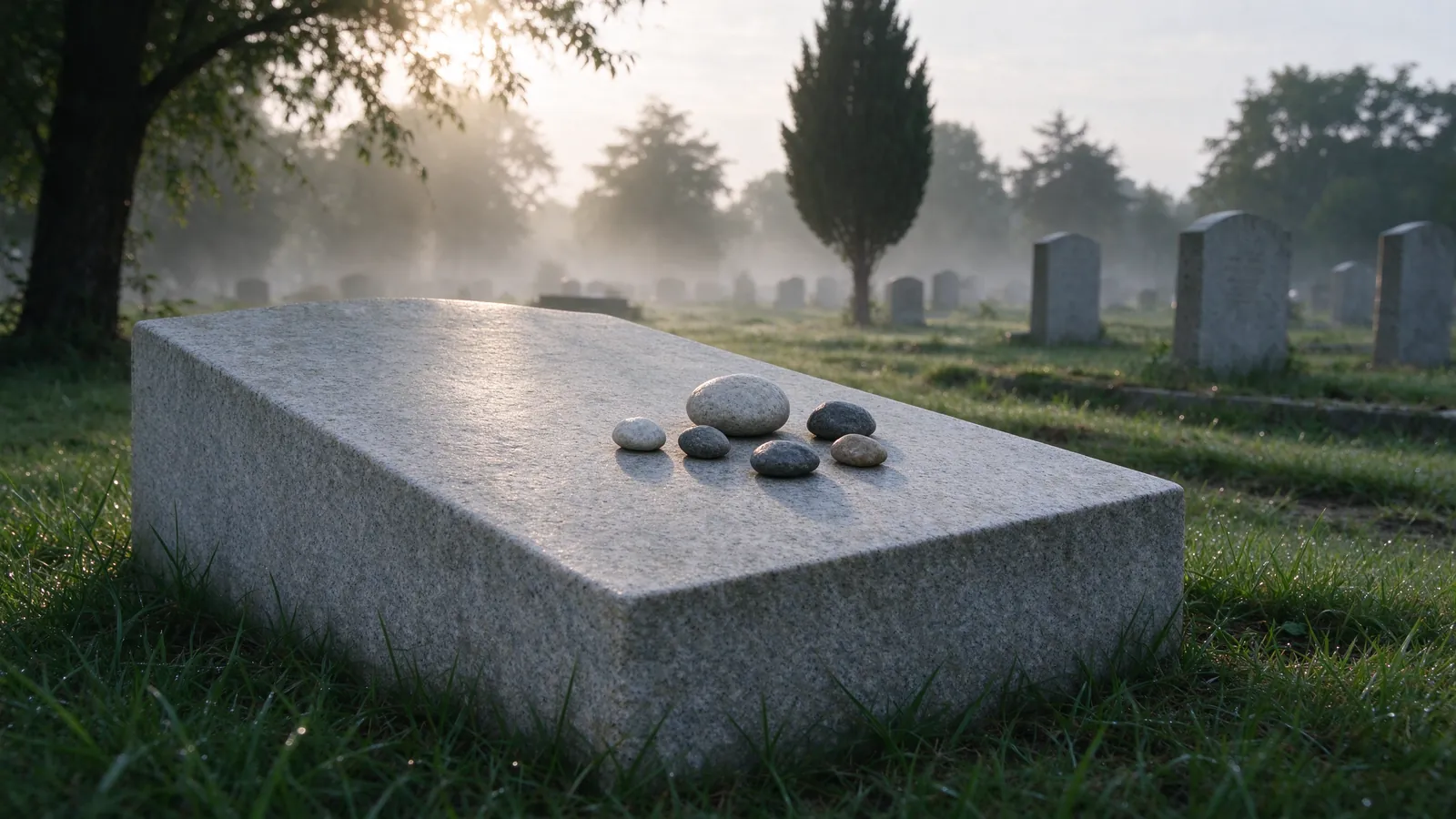 Petits galets déposés sur une pierre tombale dans un cimetière paisible