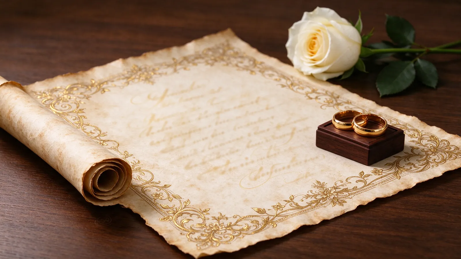 Parchemin enluminé à bordure dorée, alliances et rose blanche
