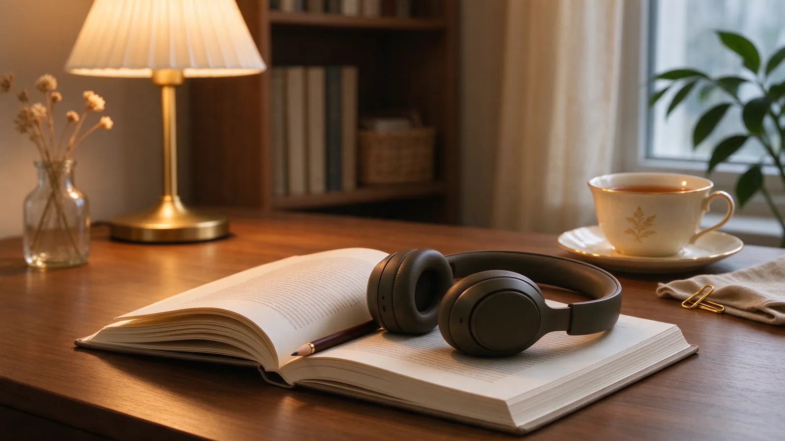 Livre ouvert, casque audio et crayon sur un bureau éclairé par une lampe