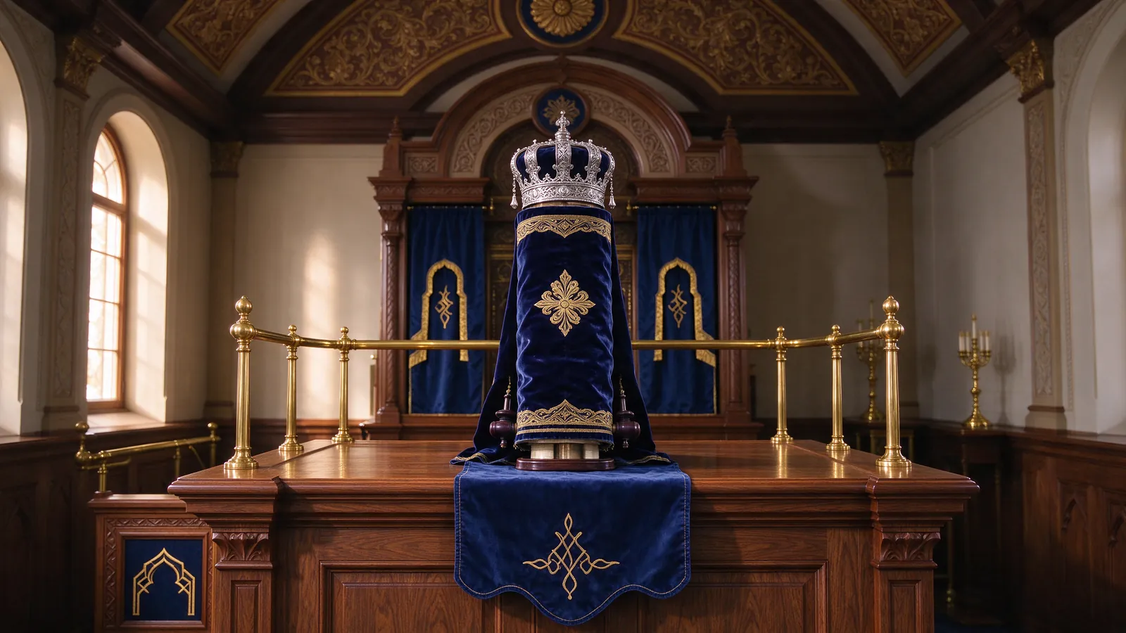 Bimah de synagogue avec un Séfer Torah habillé de velours bleu et d'une couronne d'argent