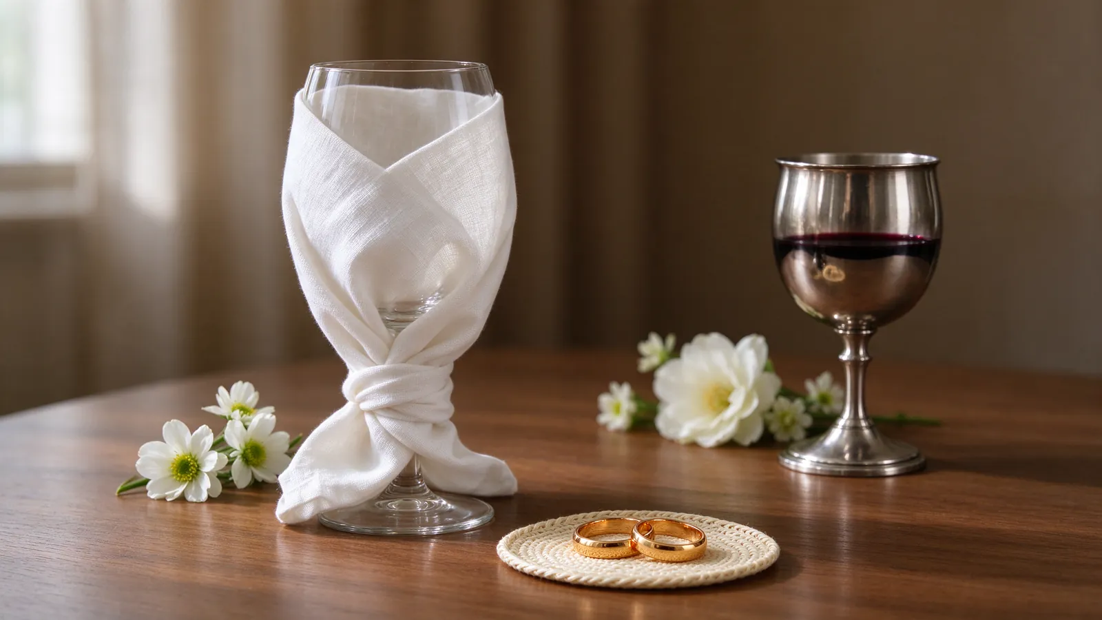 Verre enveloppé d'une serviette blanche, alliances et coupe de vin pour un mariage juif