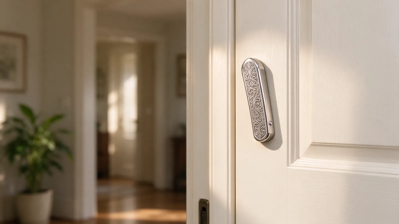 Mezouza en argent fixée sur le montant droit d'une porte d'entrée