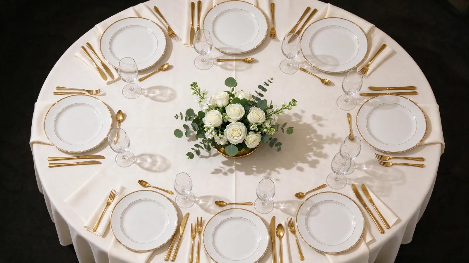 Vue du dessus d'une table ronde dressée pour dix convives