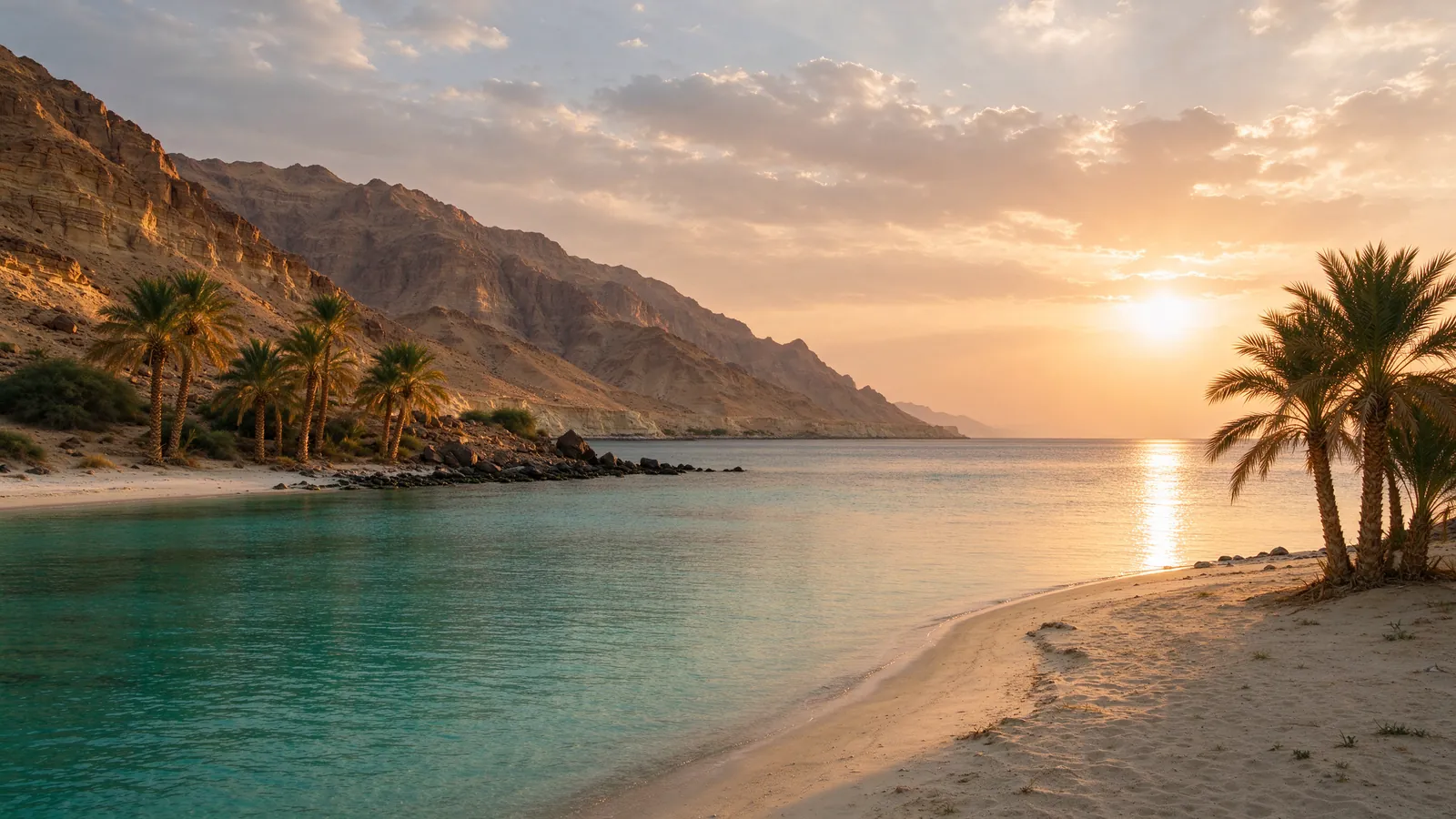 Plage de la mer Rouge au coucher du soleil, entre montagnes du désert et palmiers