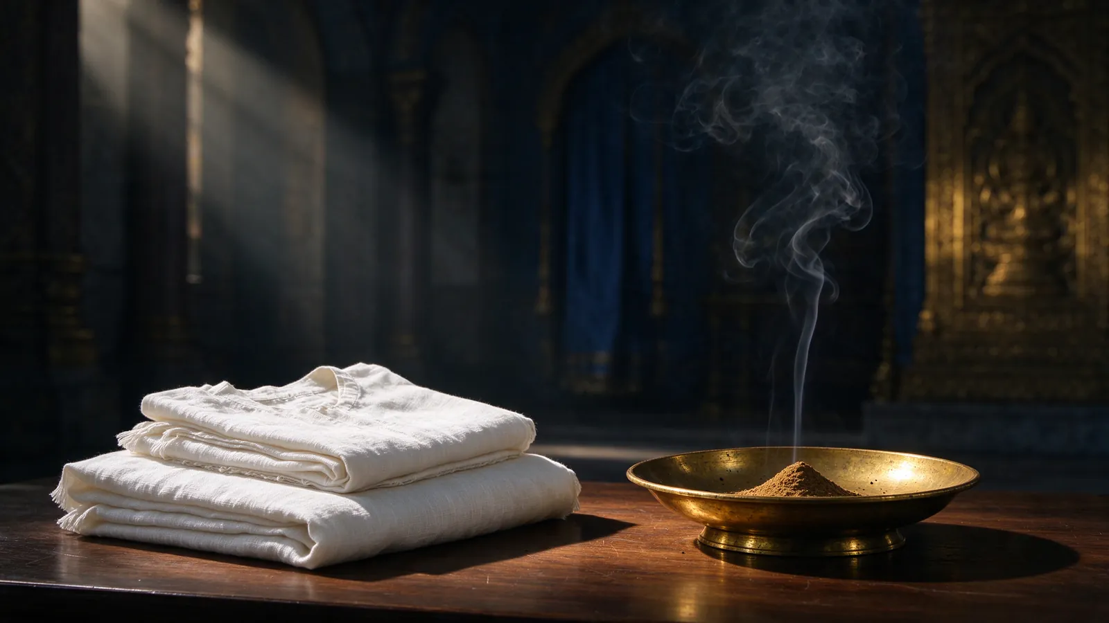 Vêtements de lin blanc et encensoir d'or d'où s'élève une fumée