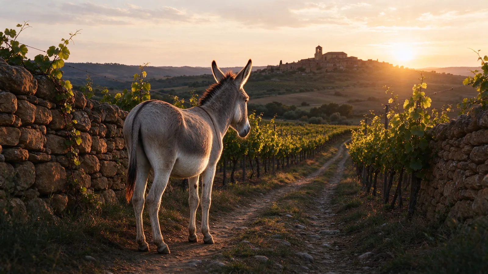 Ânesse sur un chemin entre les murets d'une vigne