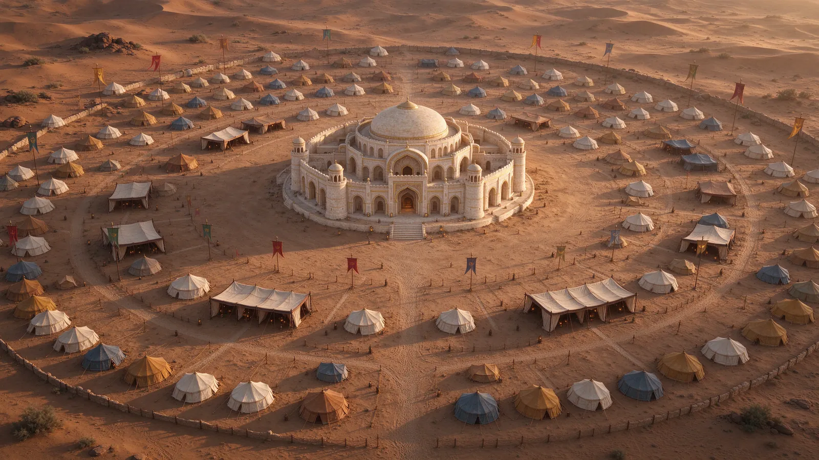 Campement de tentes dans le désert autour d'un sanctuaire, vu du ciel