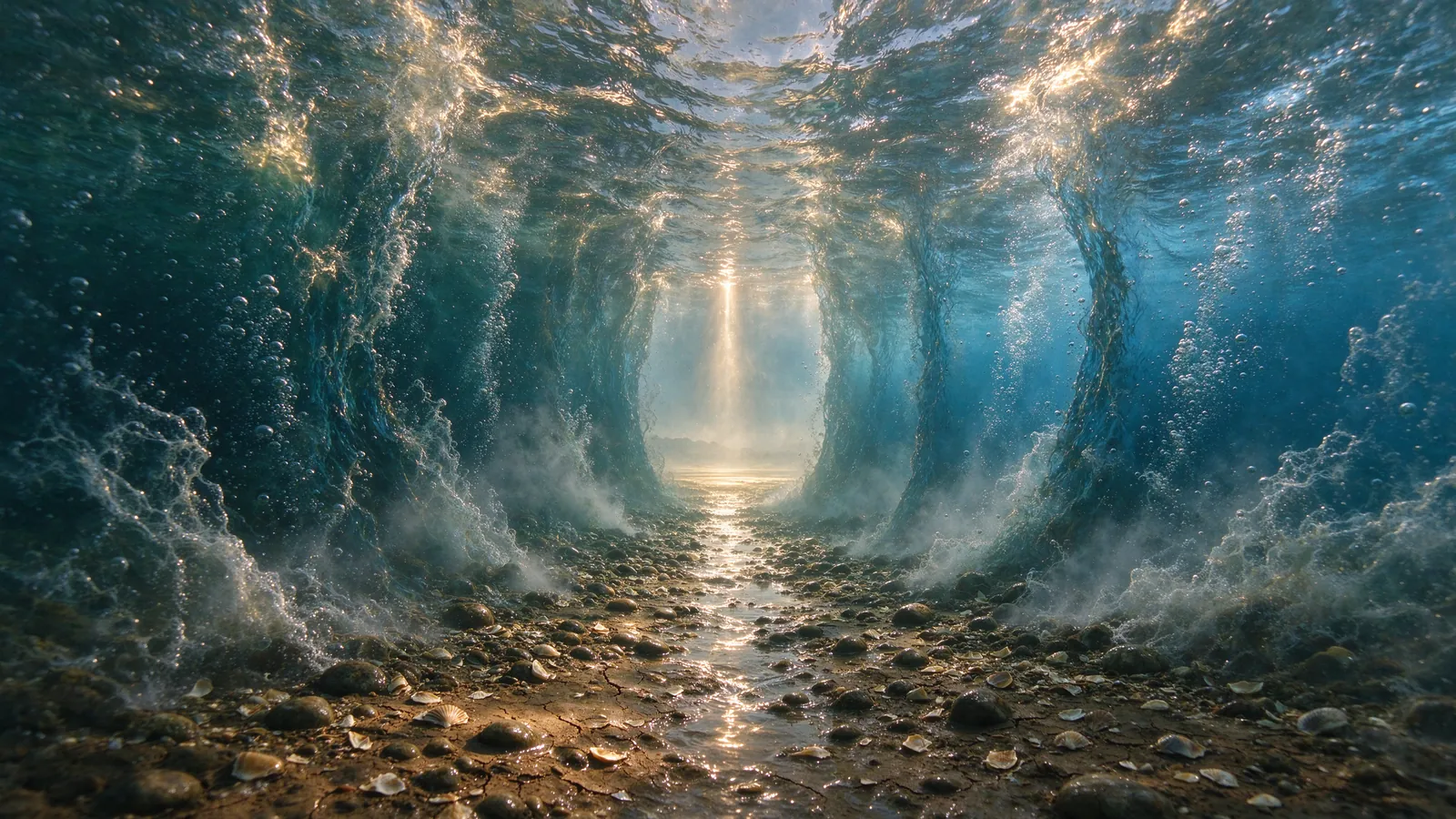 Murailles d'eau de part et d'autre d'un passage à sec dans la mer