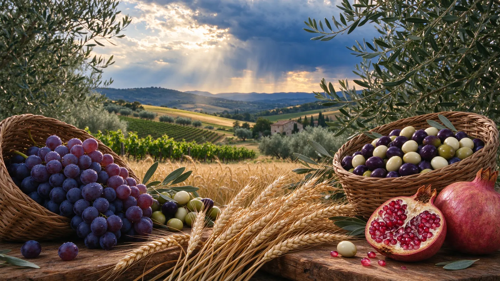 Récolte abondante de raisins, blé, olives et grenades dans une vallée