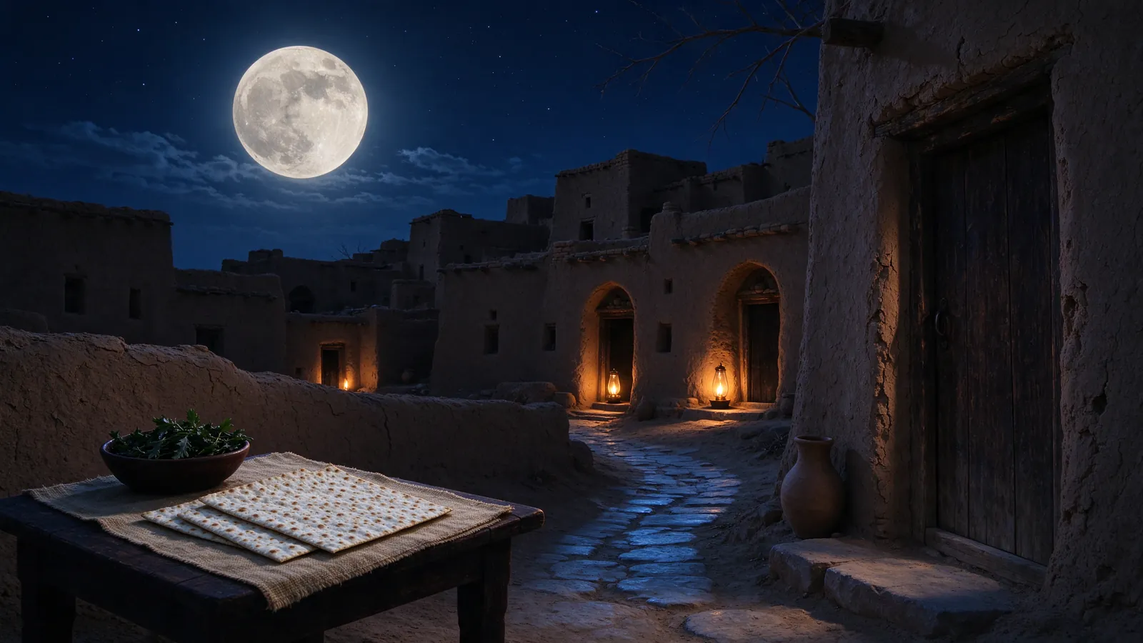 Nuit de pleine lune, lampes allumées aux portes et matsot sur une table basse