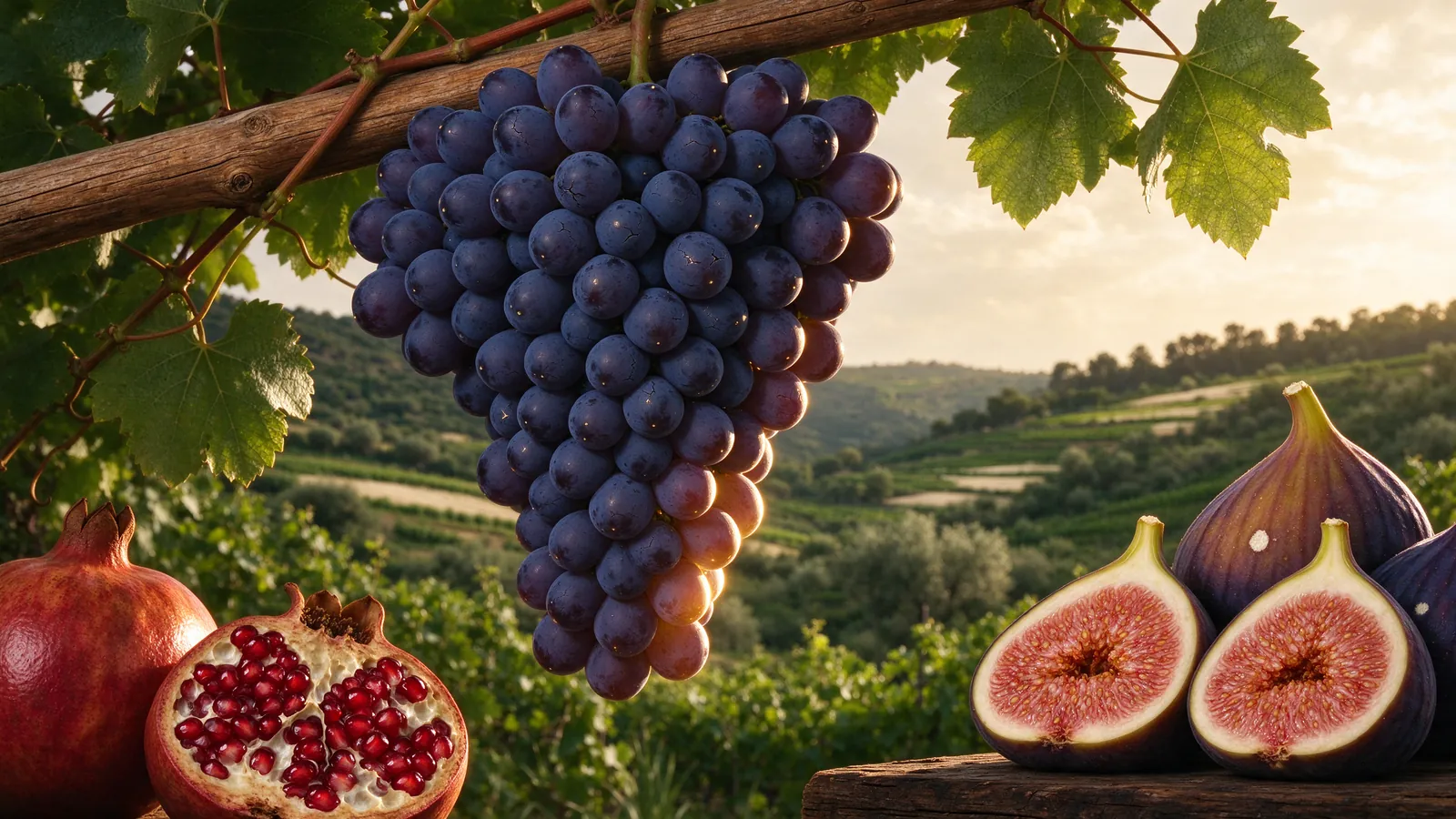 Énorme grappe de raisin portée sur une perche dans une vallée verdoyante