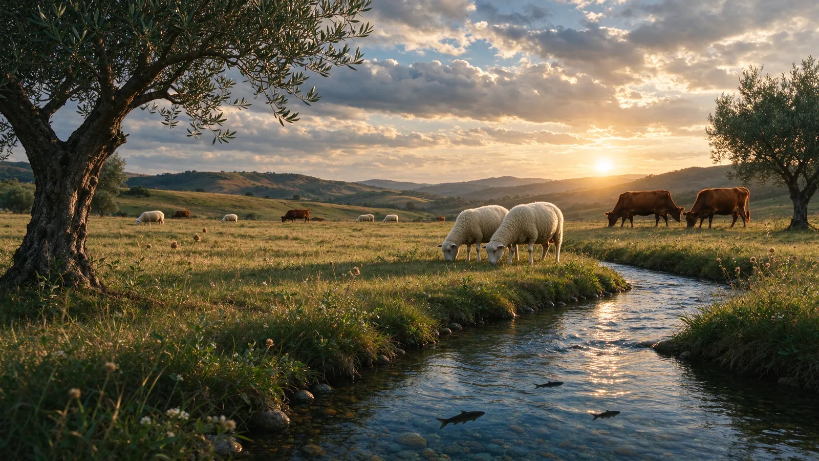 Pâturage avec moutons et bovins au coucher du soleil