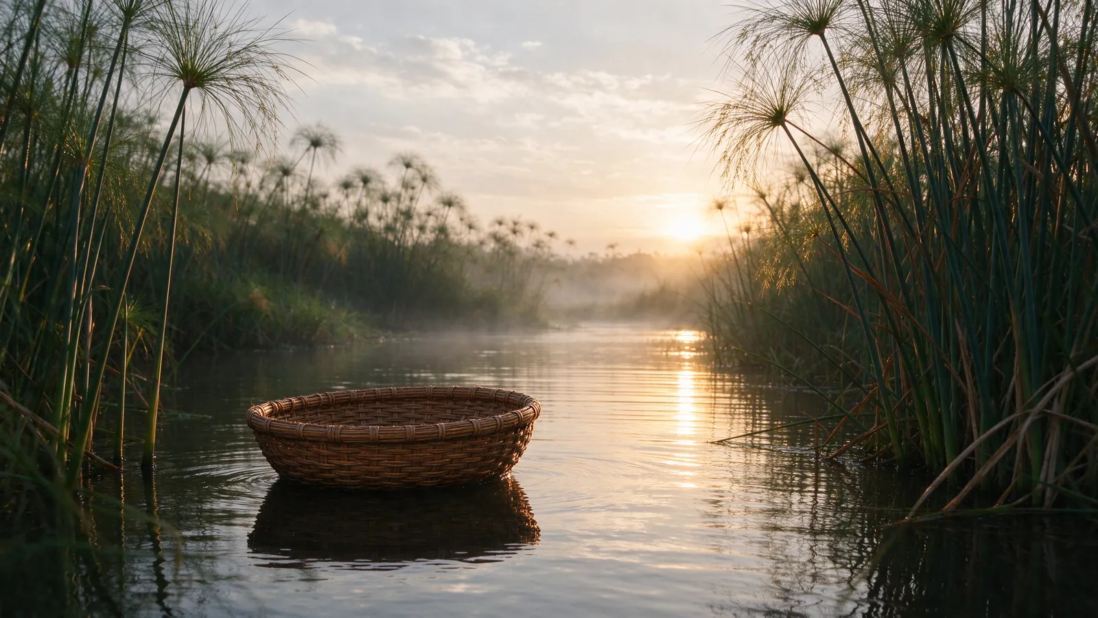 Petit panier de roseau flottant parmi les papyrus d'un fleuve