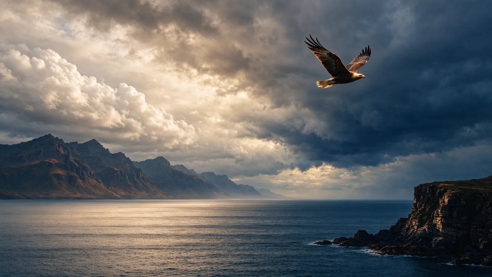Ciel spectaculaire au-dessus des montagnes et de la mer, aigle en vol