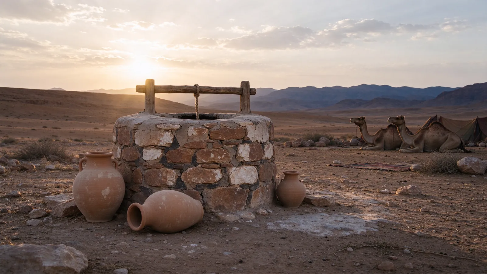 Puits de pierre et jarres d'eau au coucher du soleil