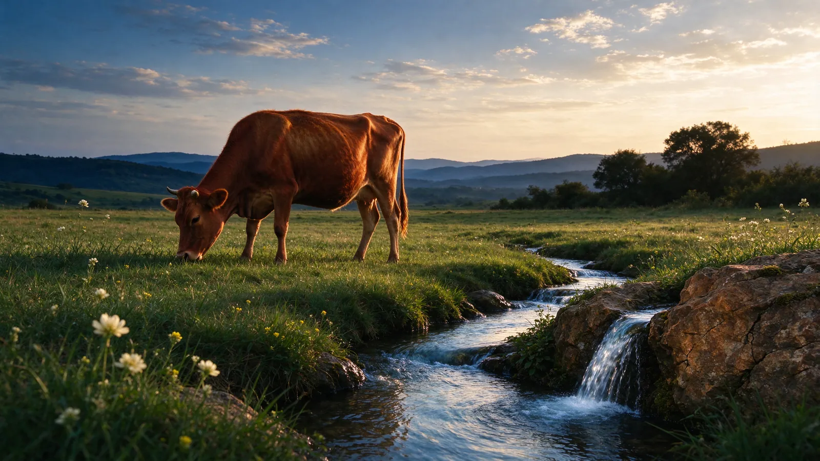 Génisse rousse dans un pré à l'aube et source jaillissant d'un rocher
