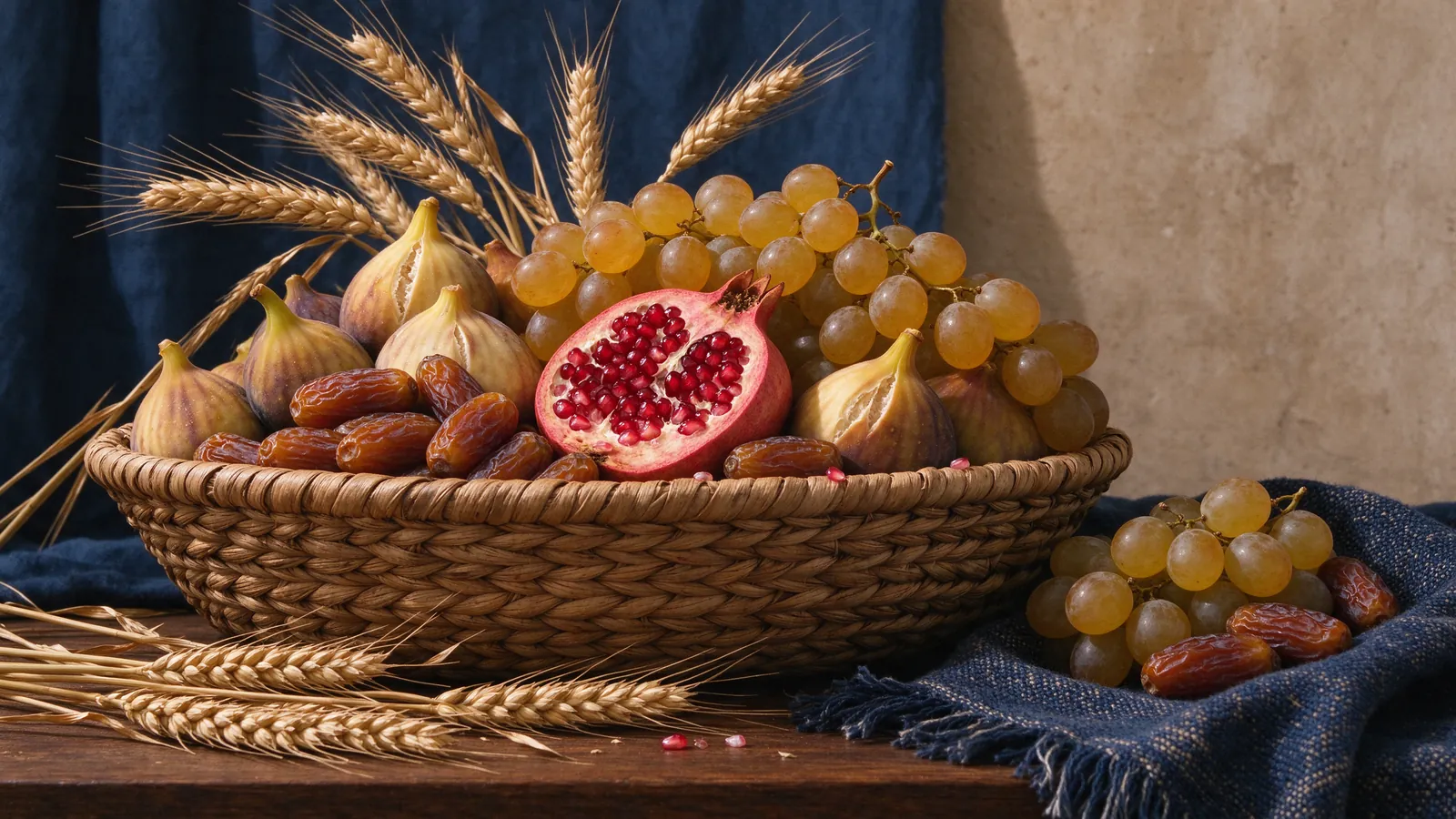 Panier de prémices : figues, raisins, grenades et dattes