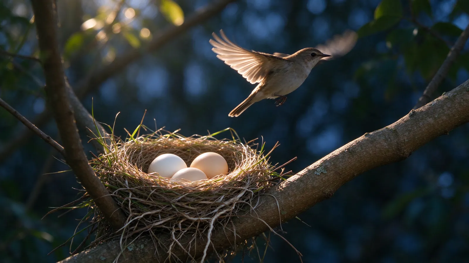 Nid d'oiseau avec des œufs, la mère s'envolant