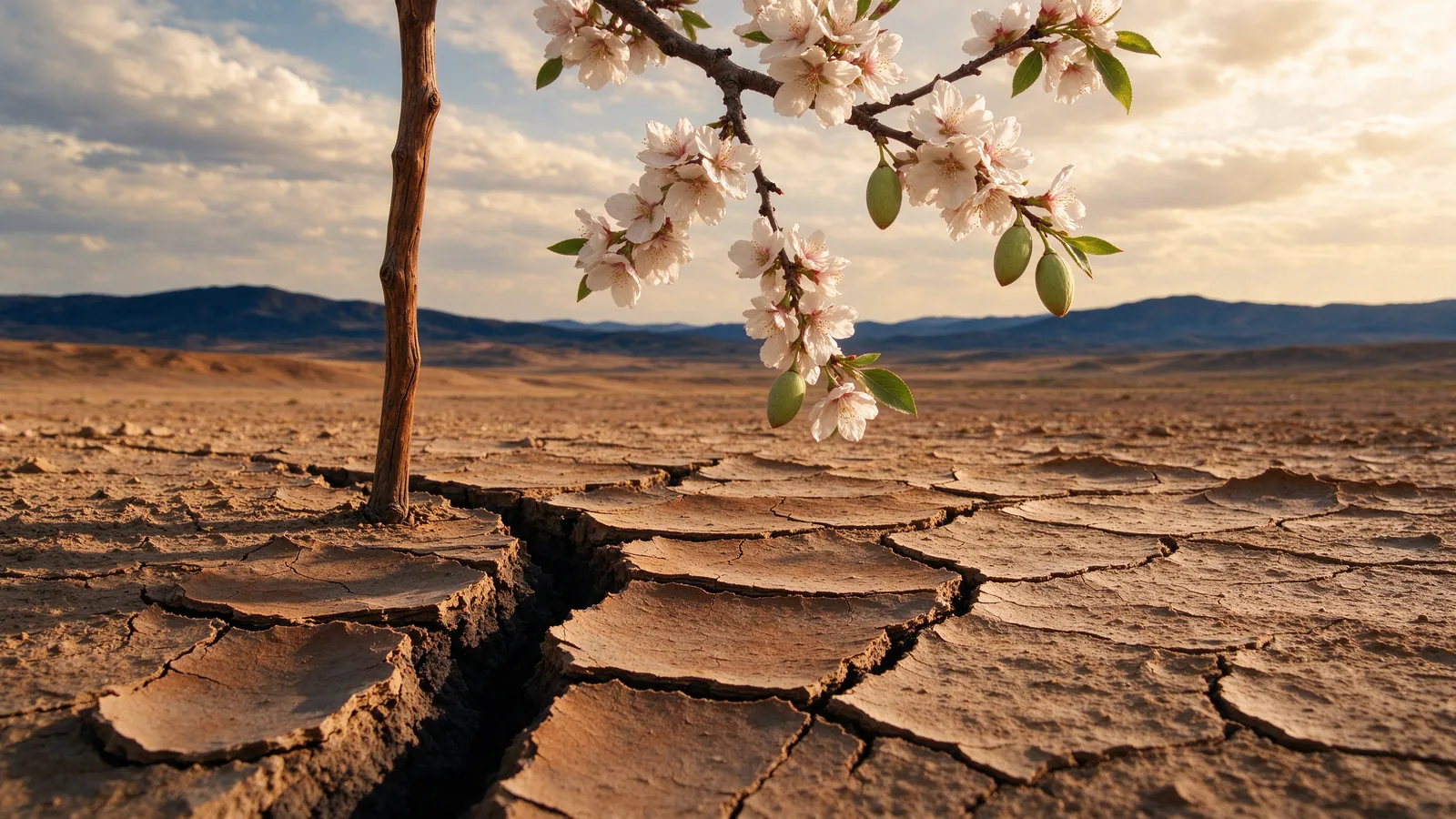 Terre craquelée et bâton de bois couvert de fleurs d'amandier