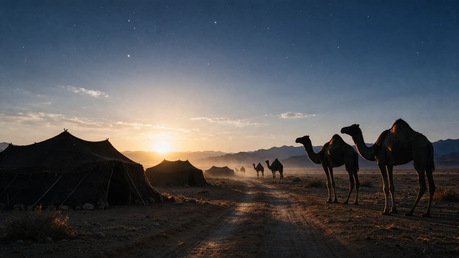 Tentes et chameaux sur une route du désert au lever du soleil