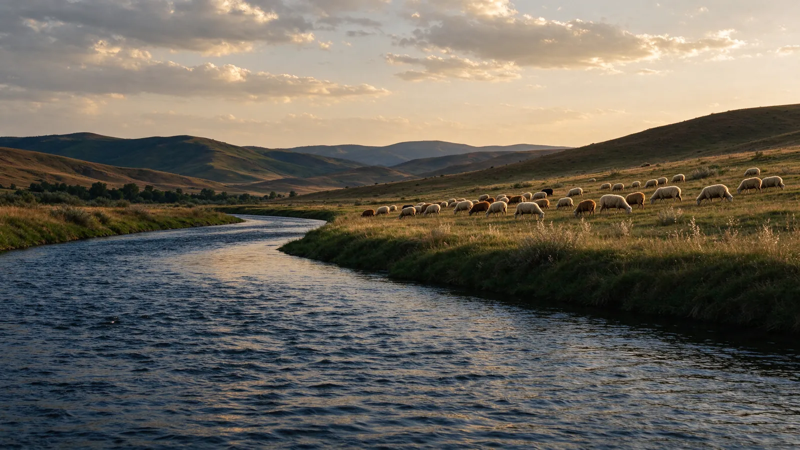 Rives du Jourdain et troupeaux de moutons à l'heure dorée