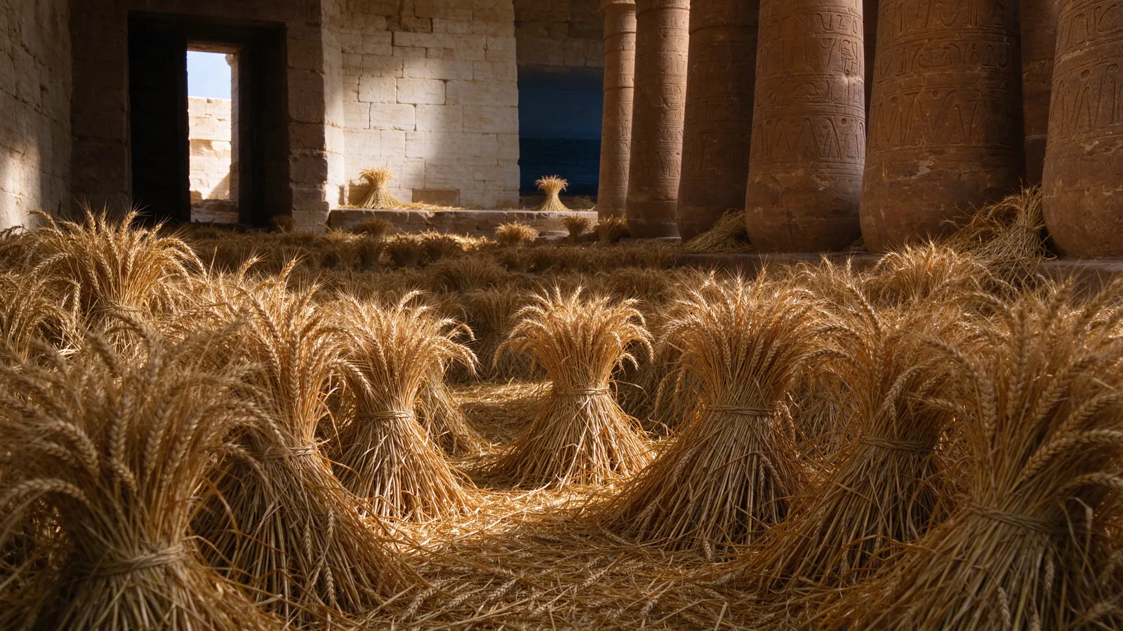 Gerbes de blé doré dans un grenier égyptien à colonnes