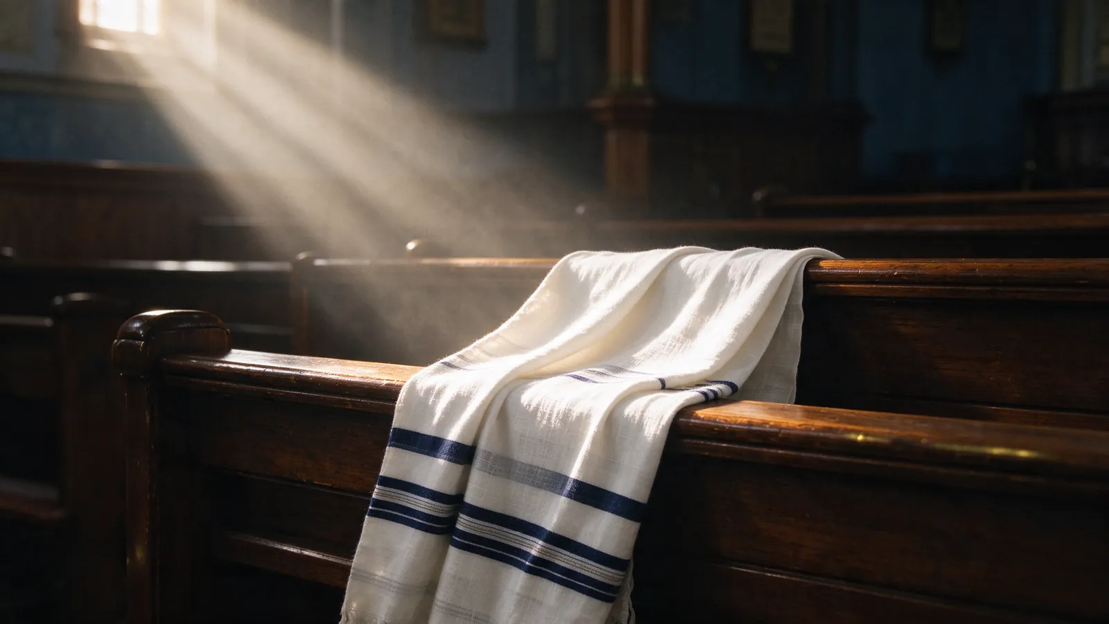 Talith blanc posé sur une rambarde de synagogue traversé par la lumière