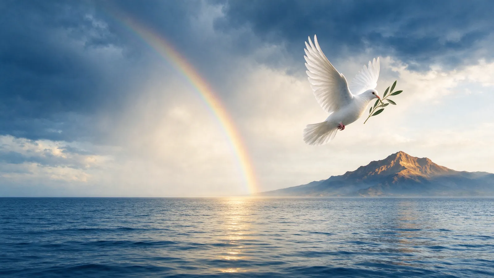 Arc-en-ciel au-dessus de la mer et colombe portant un rameau d'olivier