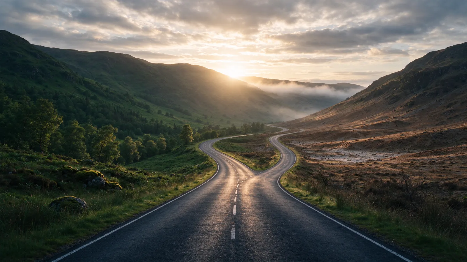 Route qui se sépare entre deux montagnes au lever du soleil
