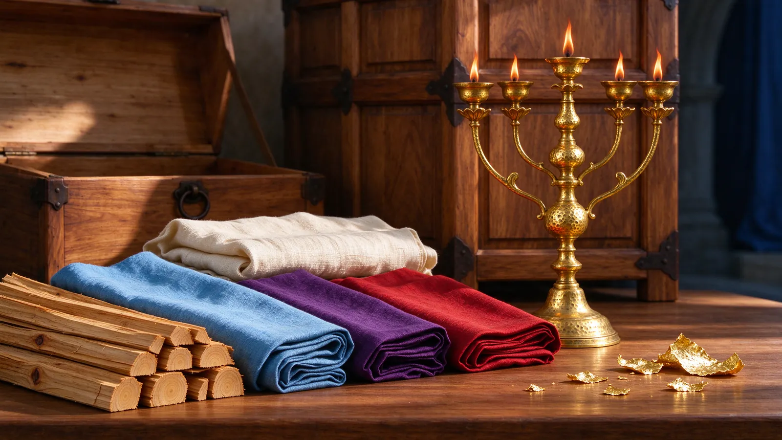 Étoffes bleu azur, pourpre et écarlate, feuilles d'or et bois d'acacia