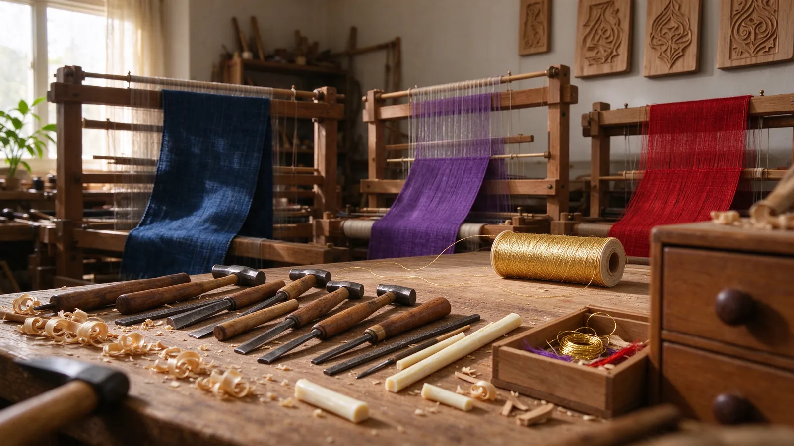 Atelier d'artisans avec fils d'or et étoffes bleu, pourpre et écarlate