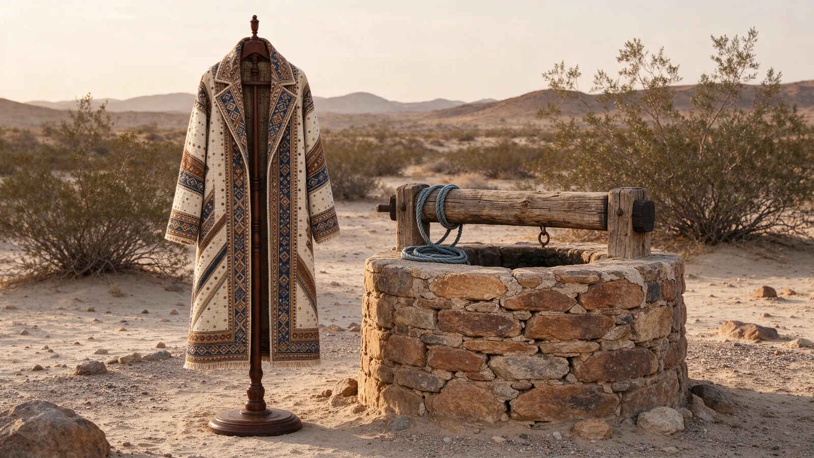 Manteau tissé multicolore près d'un vieux puits dans le désert