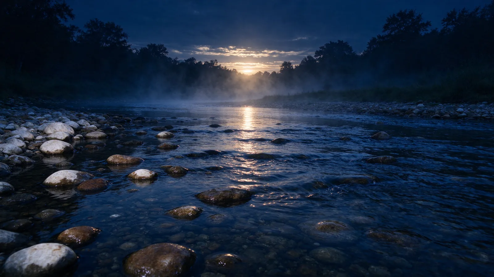 Gué d'une rivière dans la brume à l'aube