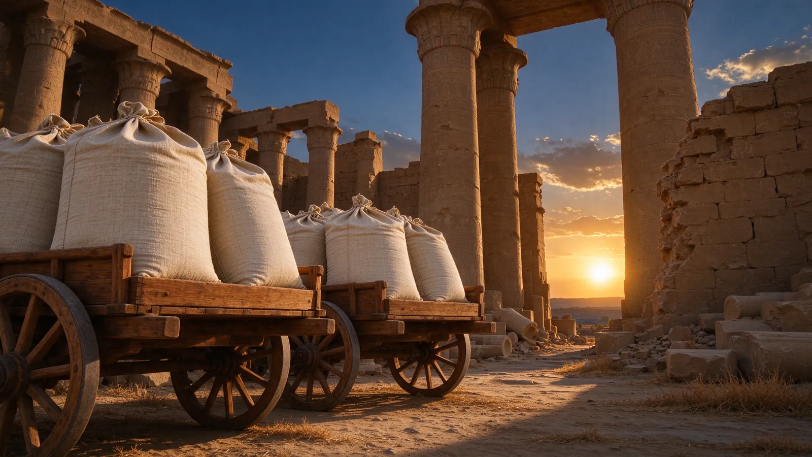 Chariots chargés de sacs de grain devant des colonnes égyptiennes