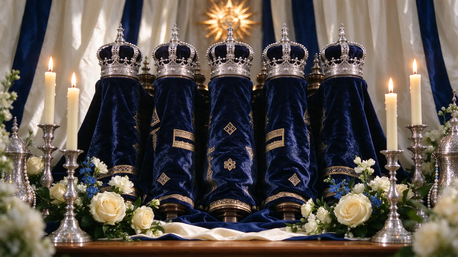 Rouleaux de la Torah habillés de velours et de couronnes d'argent, décorés pour la fête
